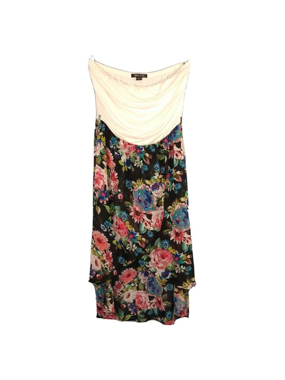 New Look Strapless Hi-Low Dress Women Size L Black Multi-color Floral Sheer NEW